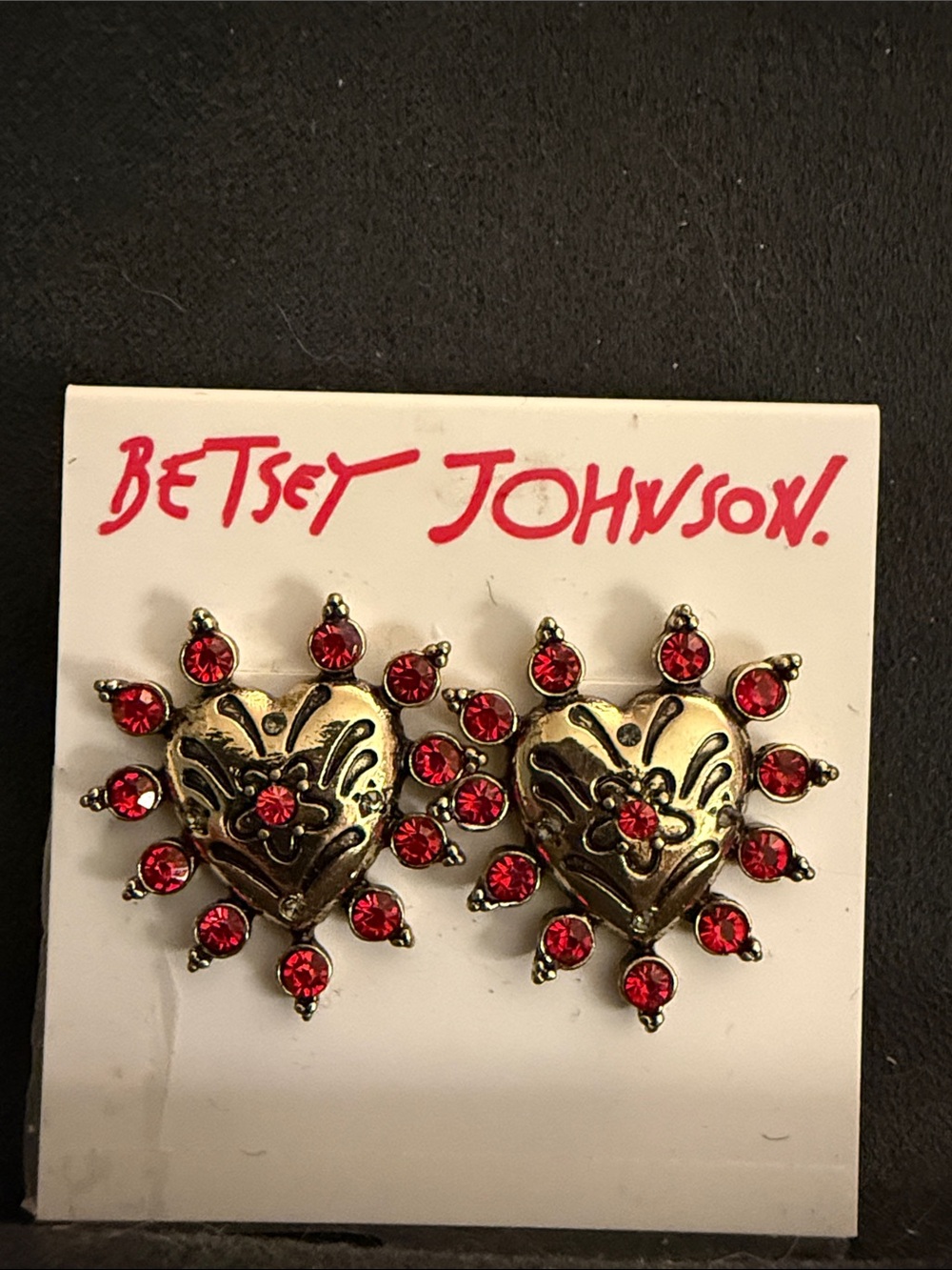 Betsey Johnson Gold-Tone Heart Sunburst Earrings with Red Crystals